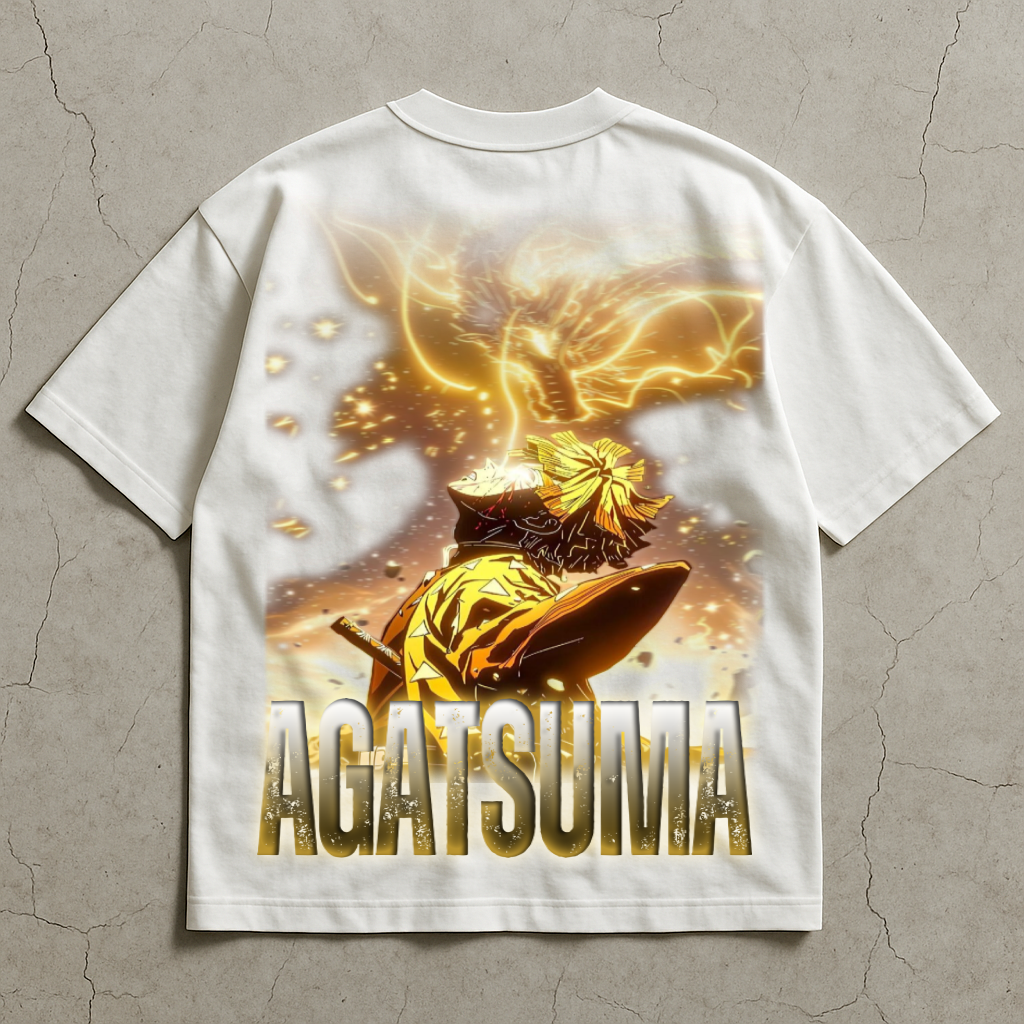 White t-shirt with a graphic design and 'AGATSUMA' text on a textured gray background